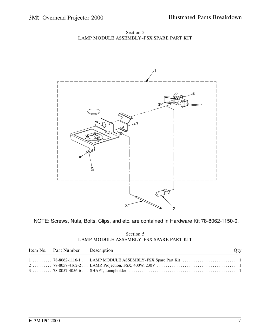 3M 2000 manual Lamp Module ASSEMBLY-FSX Spare Part KIT 