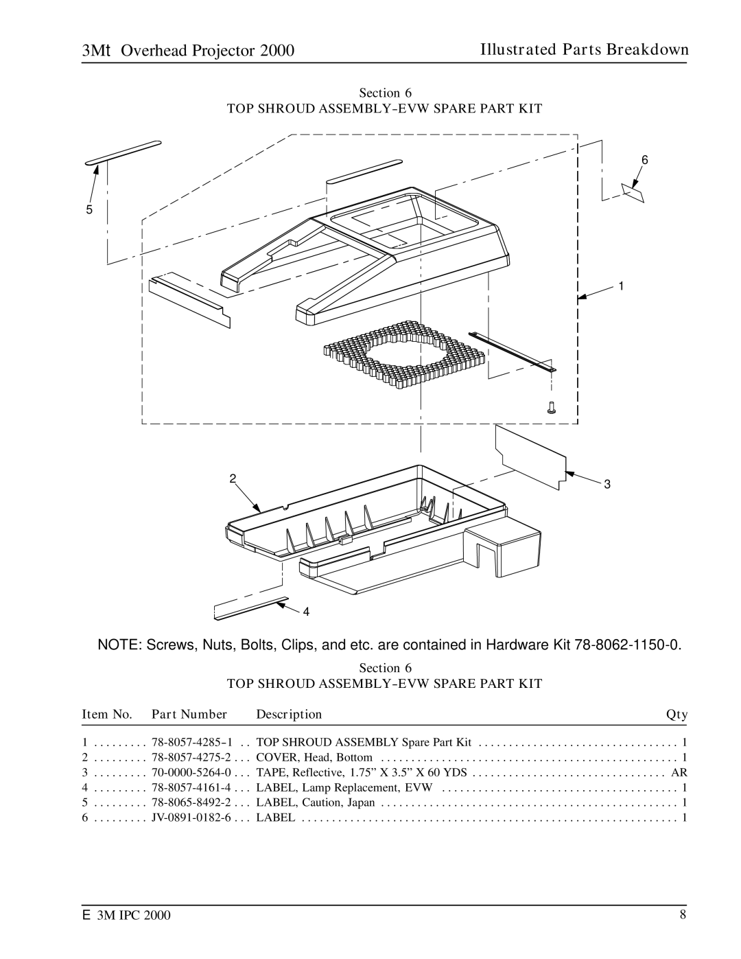 3M 2000 manual TOP Shroud ASSEMBLY-EVW Spare Part KIT 