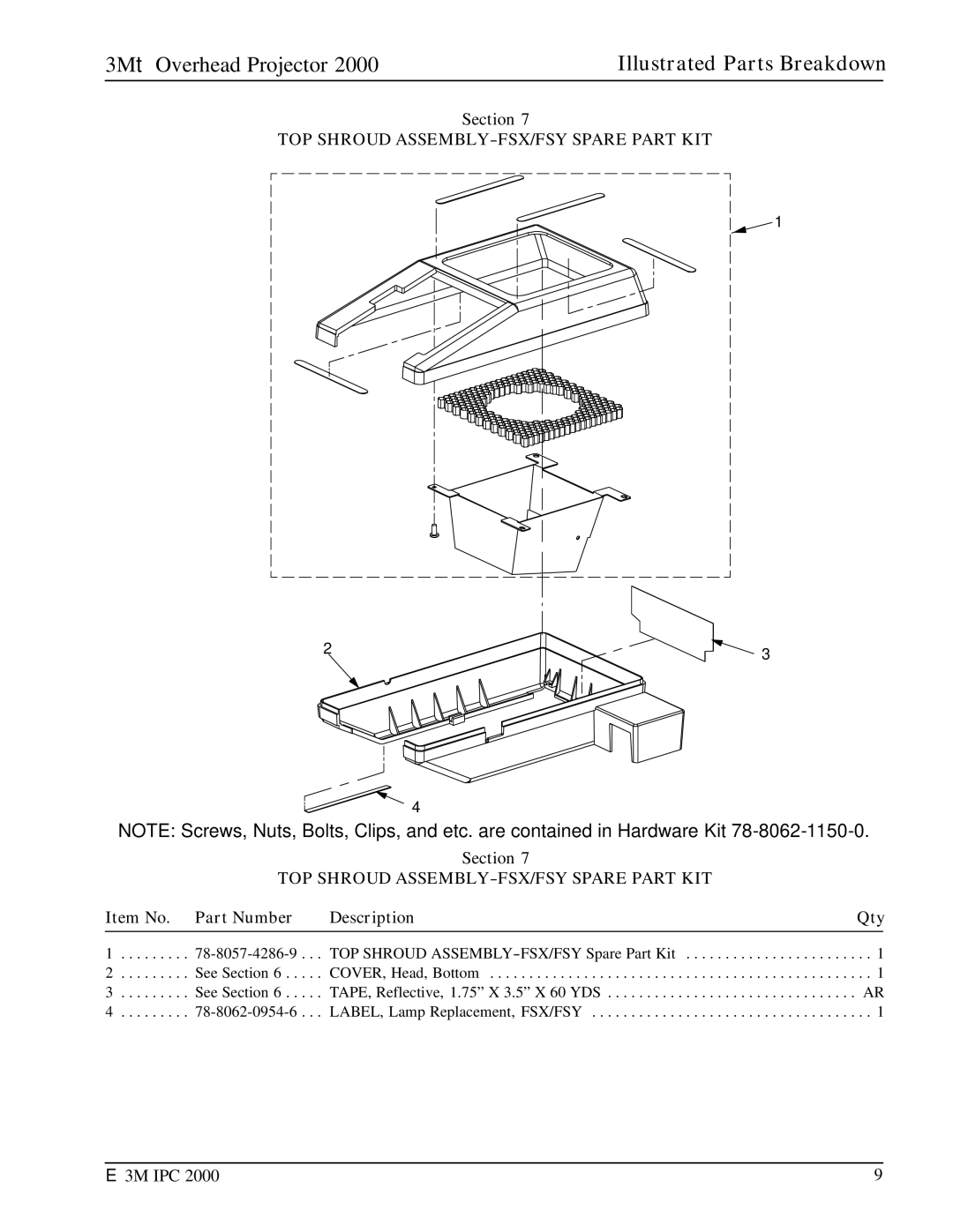 3M 2000 manual TOP Shroud ASSEMBLY-FSX/FSY Spare Part KIT 