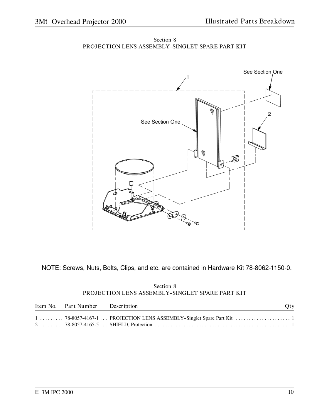 3M 2000 manual Projection Lens ASSEMBLY-SINGLET Spare Part KIT 