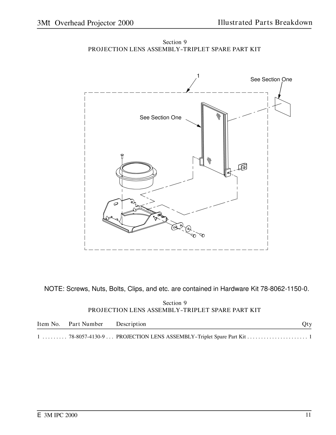 3M 2000 manual Projection Lens ASSEMBLY-TRIPLET Spare Part KIT 