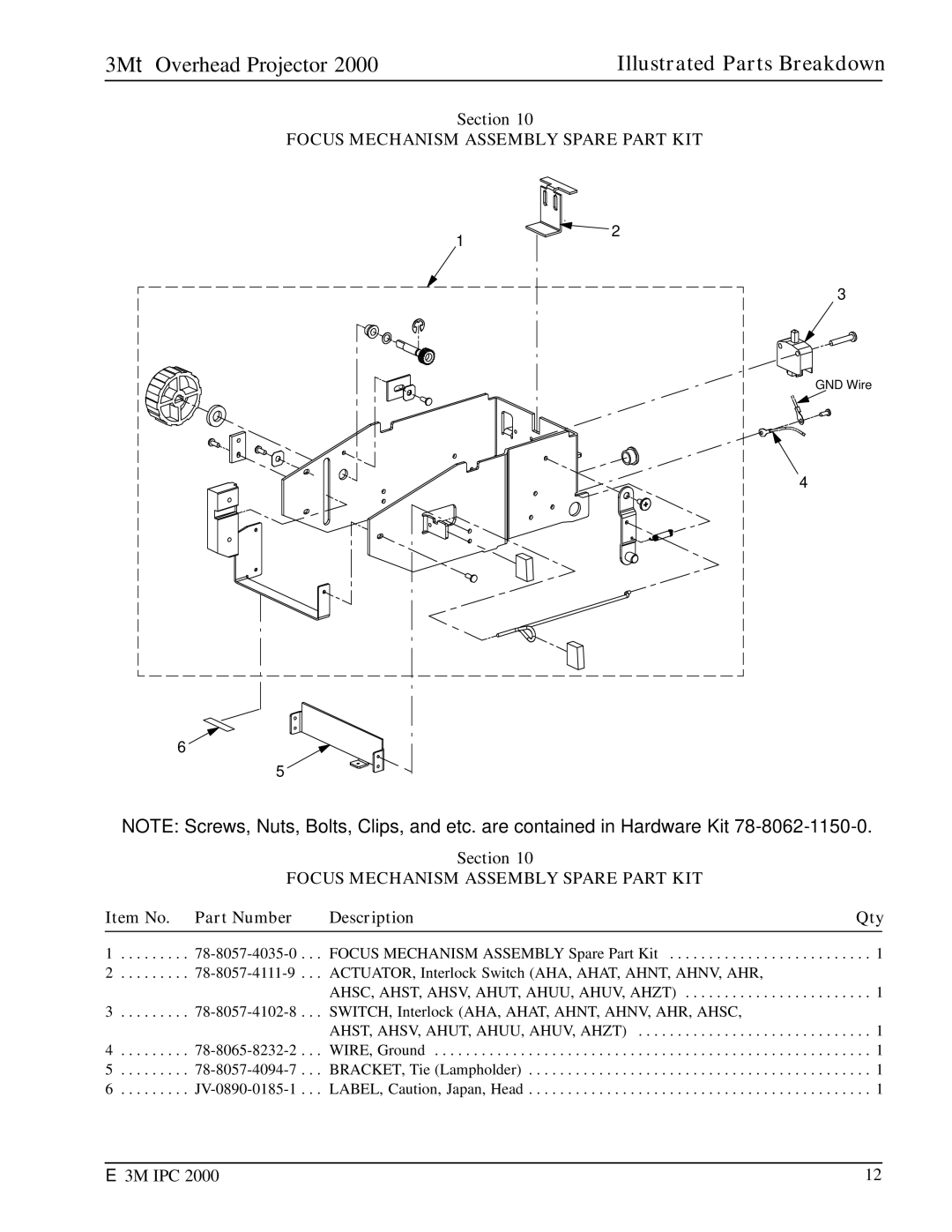 3M 2000 manual Focus Mechanism Assembly Spare Part KIT 