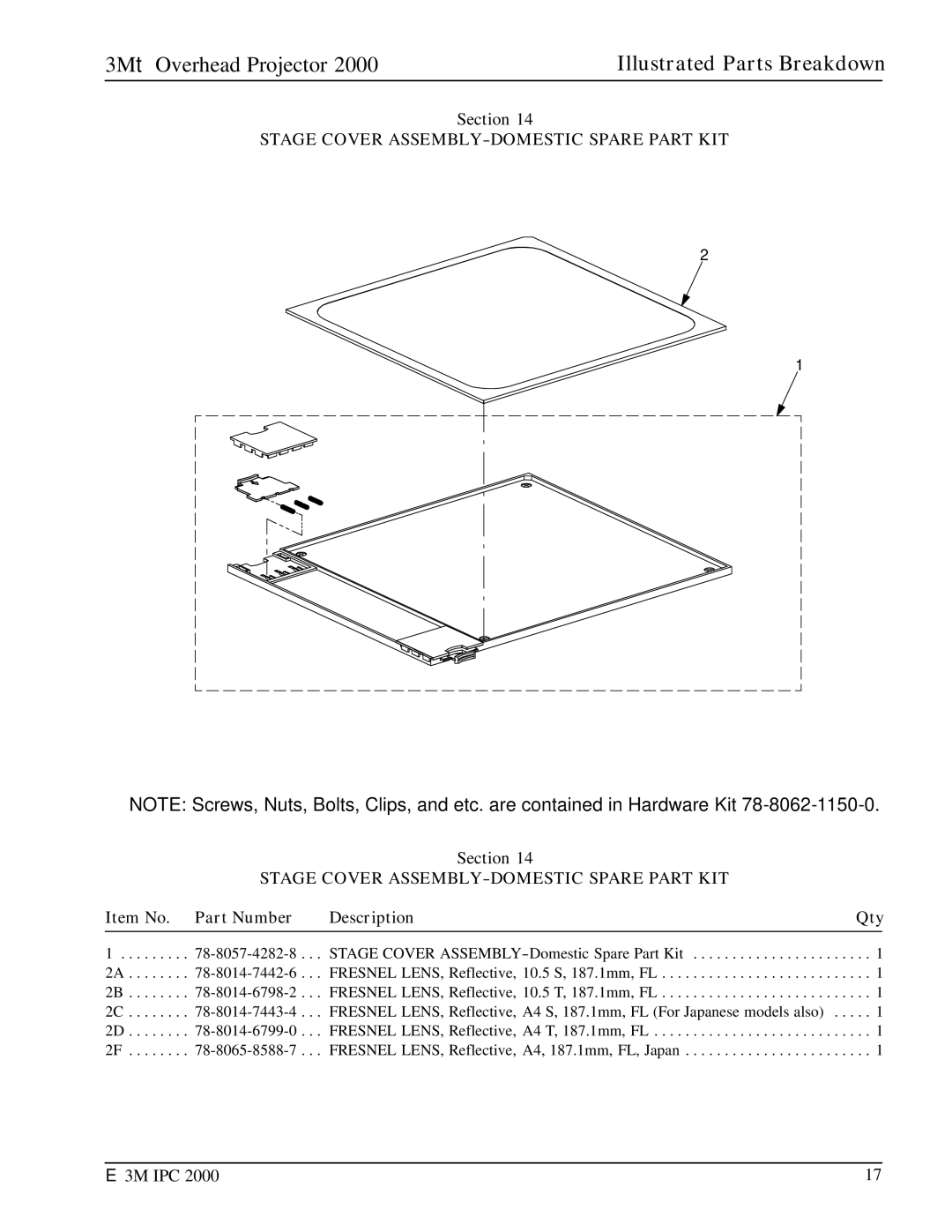 3M 2000 manual Stage Cover ASSEMBLY-DOMESTIC Spare Part KIT 