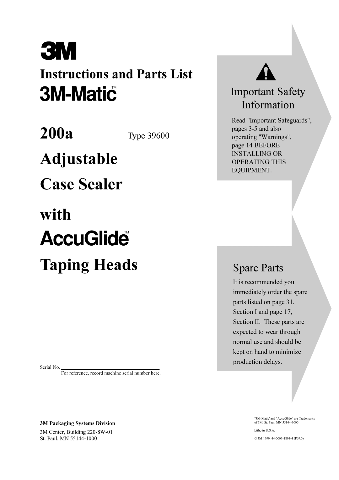 3M 200a manual Type, 3M Packaging Systems Division 