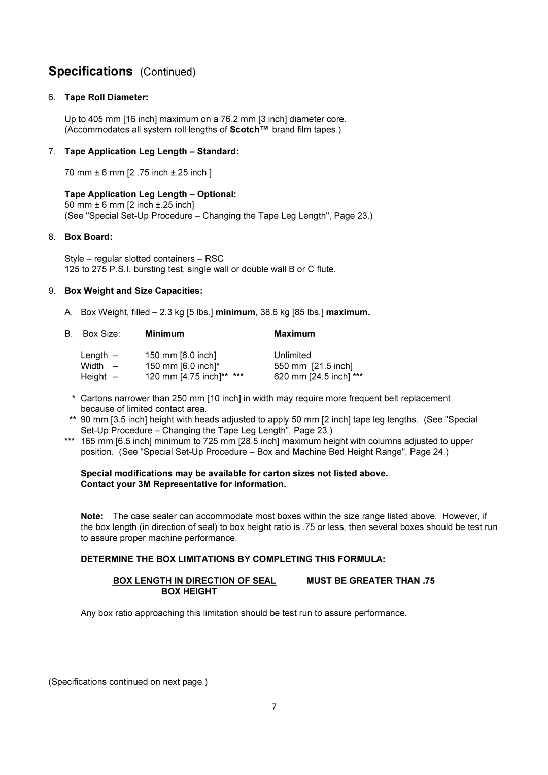 3M 200a manual Tape Roll Diameter, Tape Application Leg Length Standard, Tape Application Leg Length Optional, Box Board 