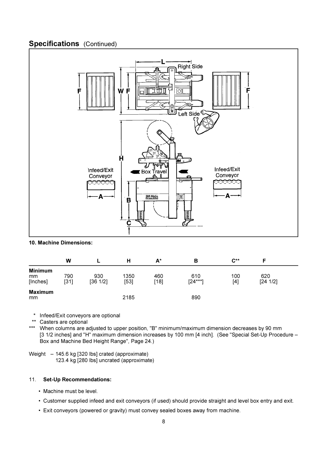 3M 200a manual Machine Dimensions Minimum, Set-Up Recommendations 