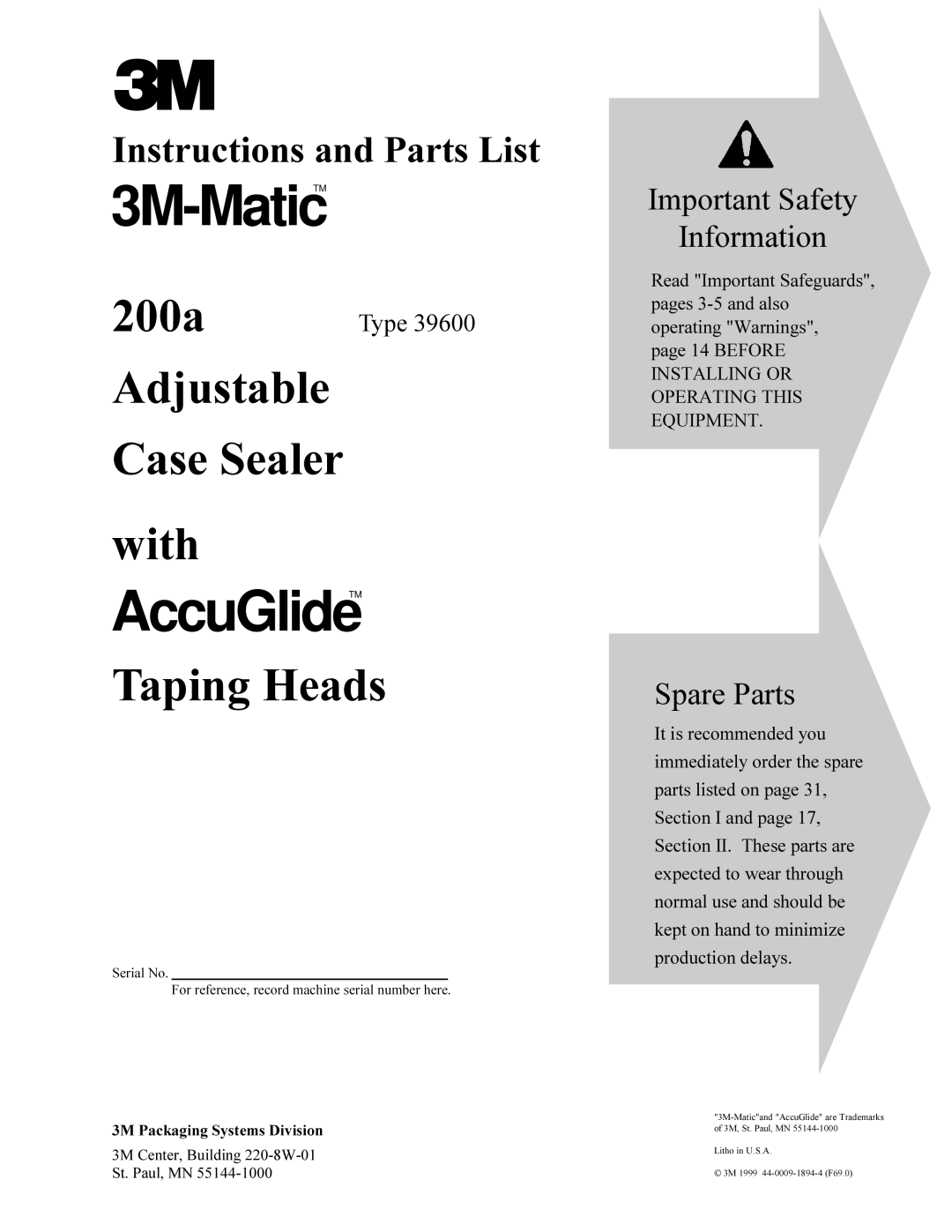 3M 200a manual AccuGlideTM, 3M Packaging Systems Division 