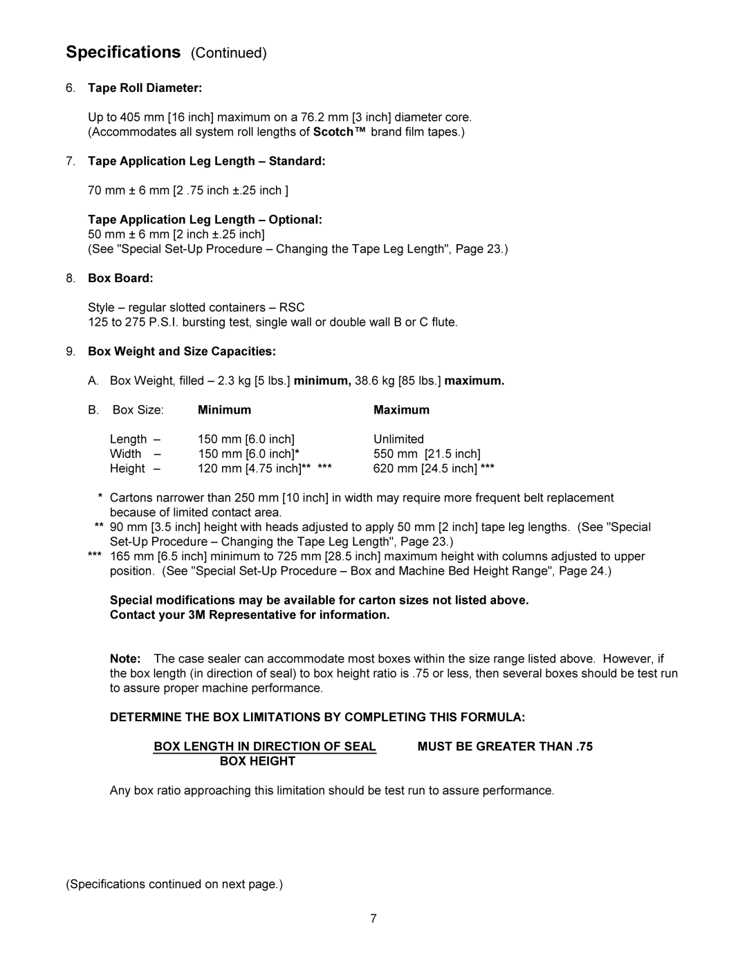 3M 200a manual Tape Roll Diameter, Tape Application Leg Length Standard, Tape Application Leg Length Optional, Box Board 
