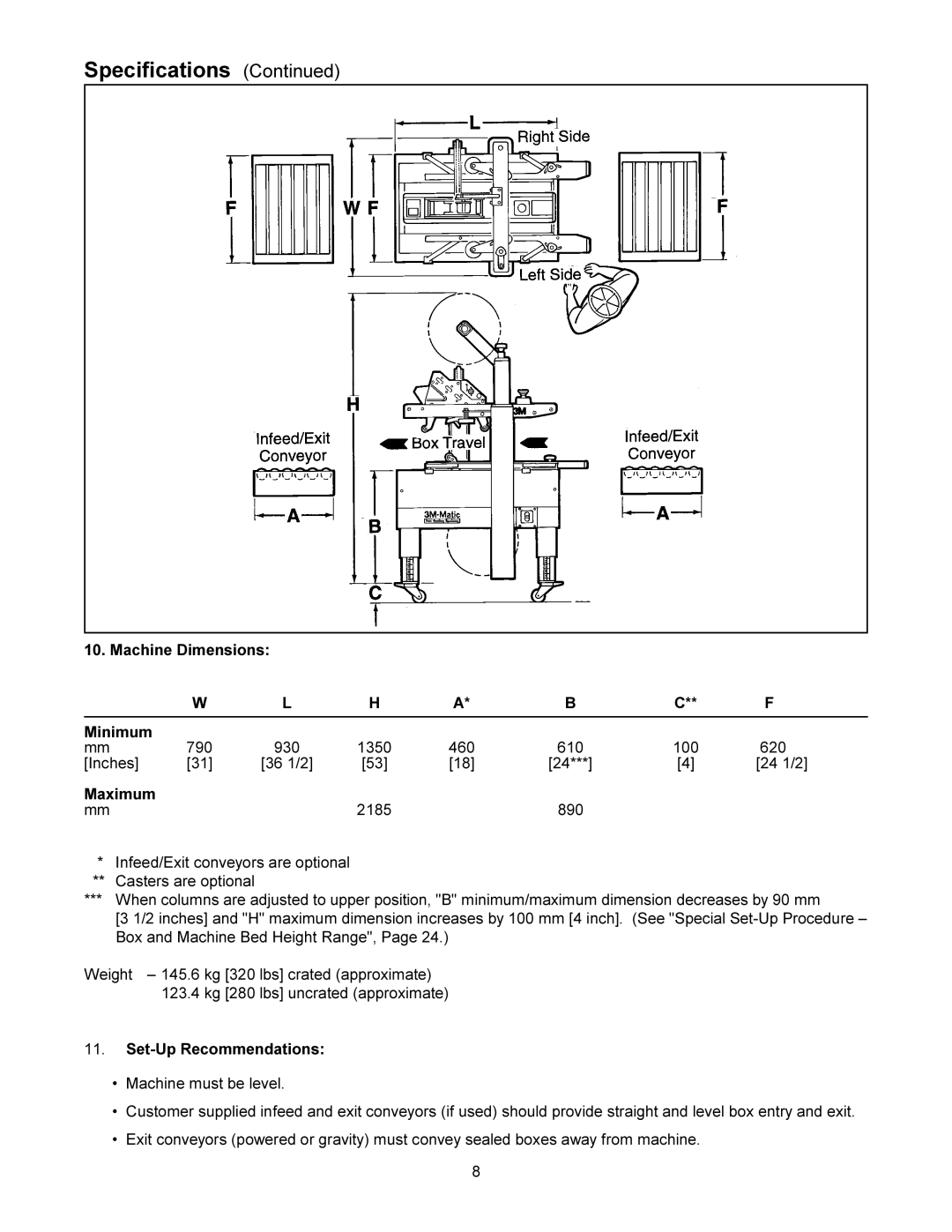 3M 200a manual Machine Dimensions Minimum, Set-Up Recommendations 