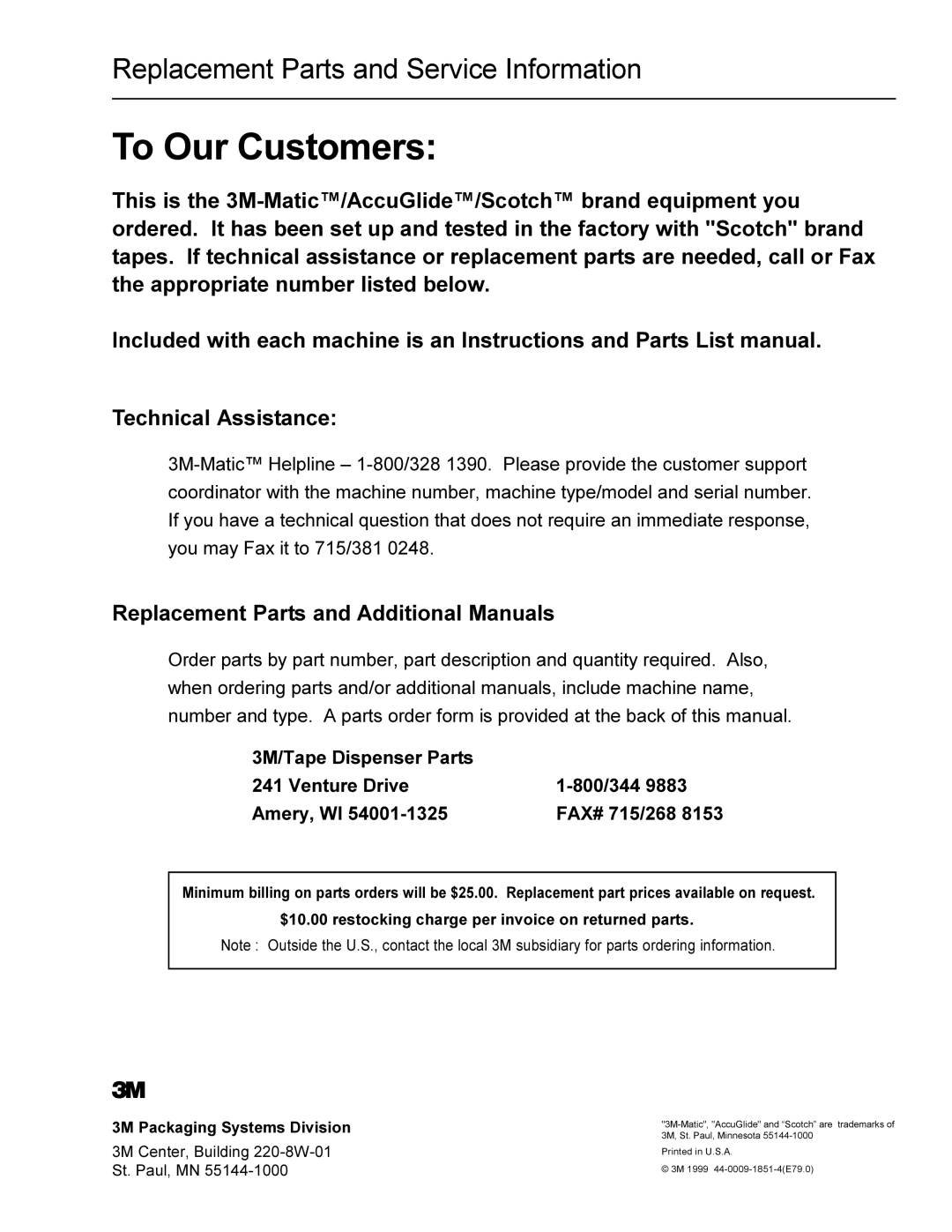 3M 200a manual To Our Customers, Replacement Parts and Additional Manuals 