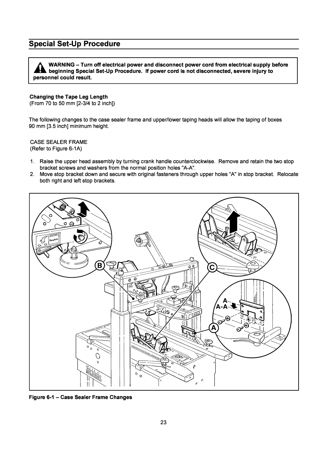 3M 200a manual Special Set-Up Procedure, personnel could result Changing the Tape Leg Length, 1 - Case Sealer Frame Changes 