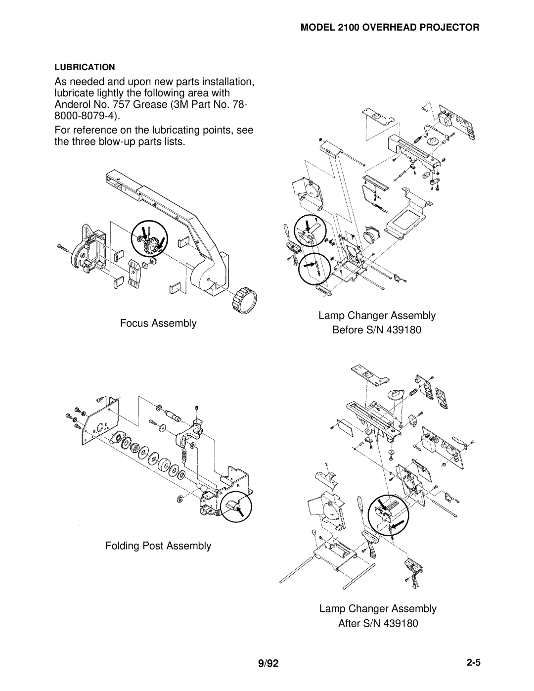 3M 2100 manual Lamp Changer Assembly Before S/N After S/N 