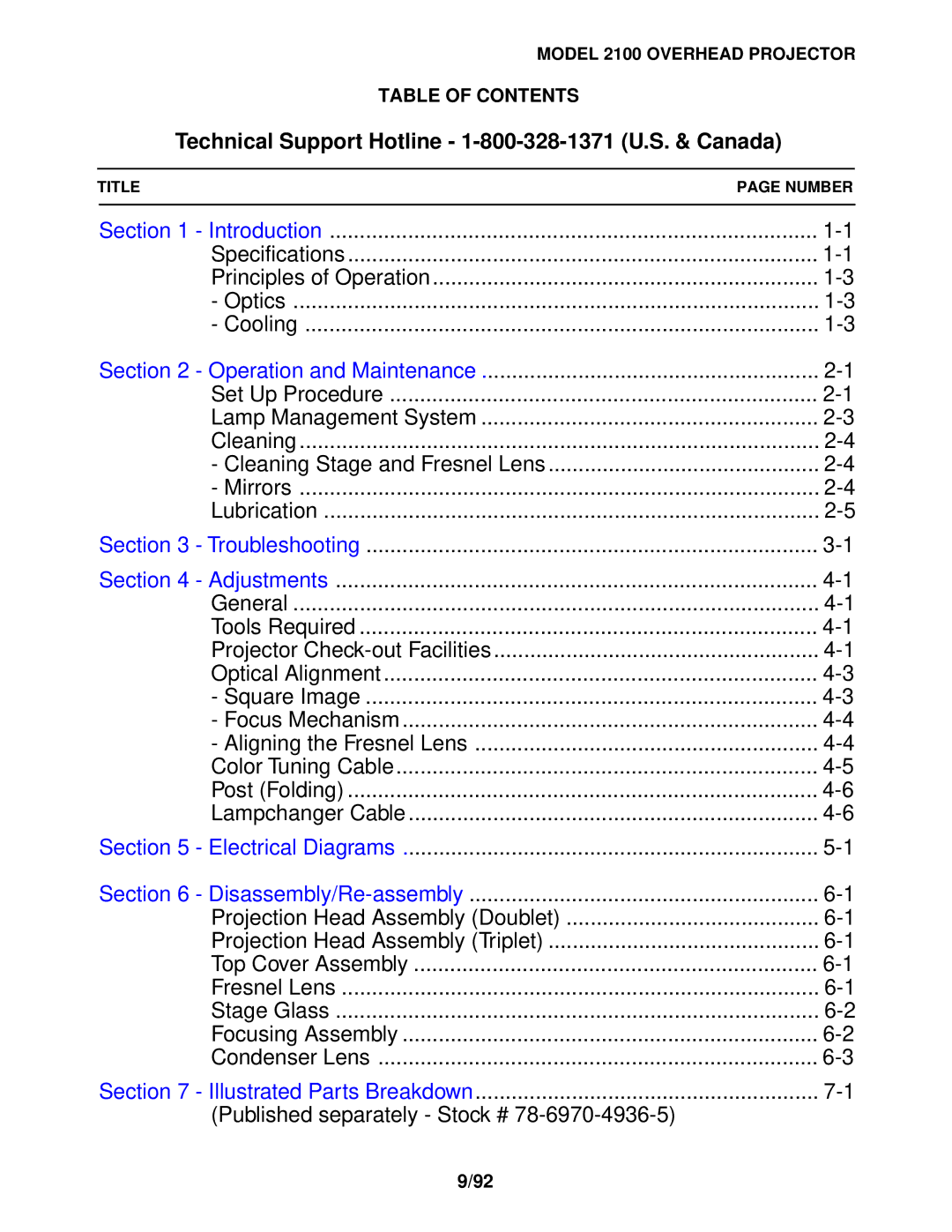 3M 2100 manual Technical Support Hotline 1-800-328-1371 U.S. & Canada, Table of Contents 