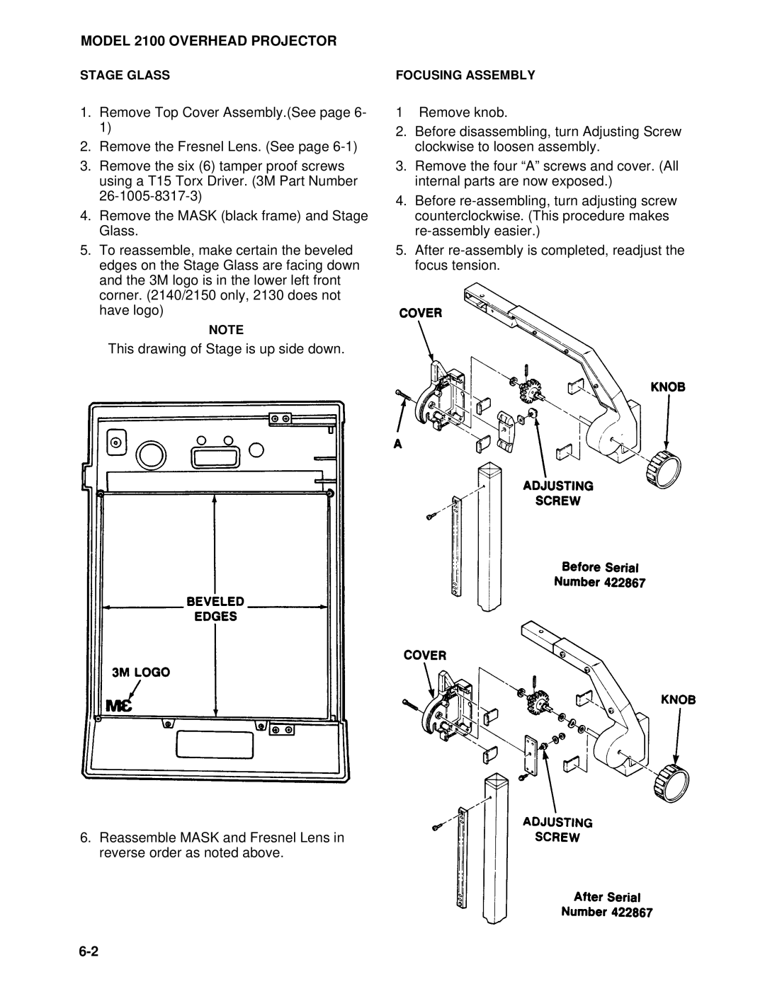 3M 2100 manual Stage Glass Focusing Assembly 