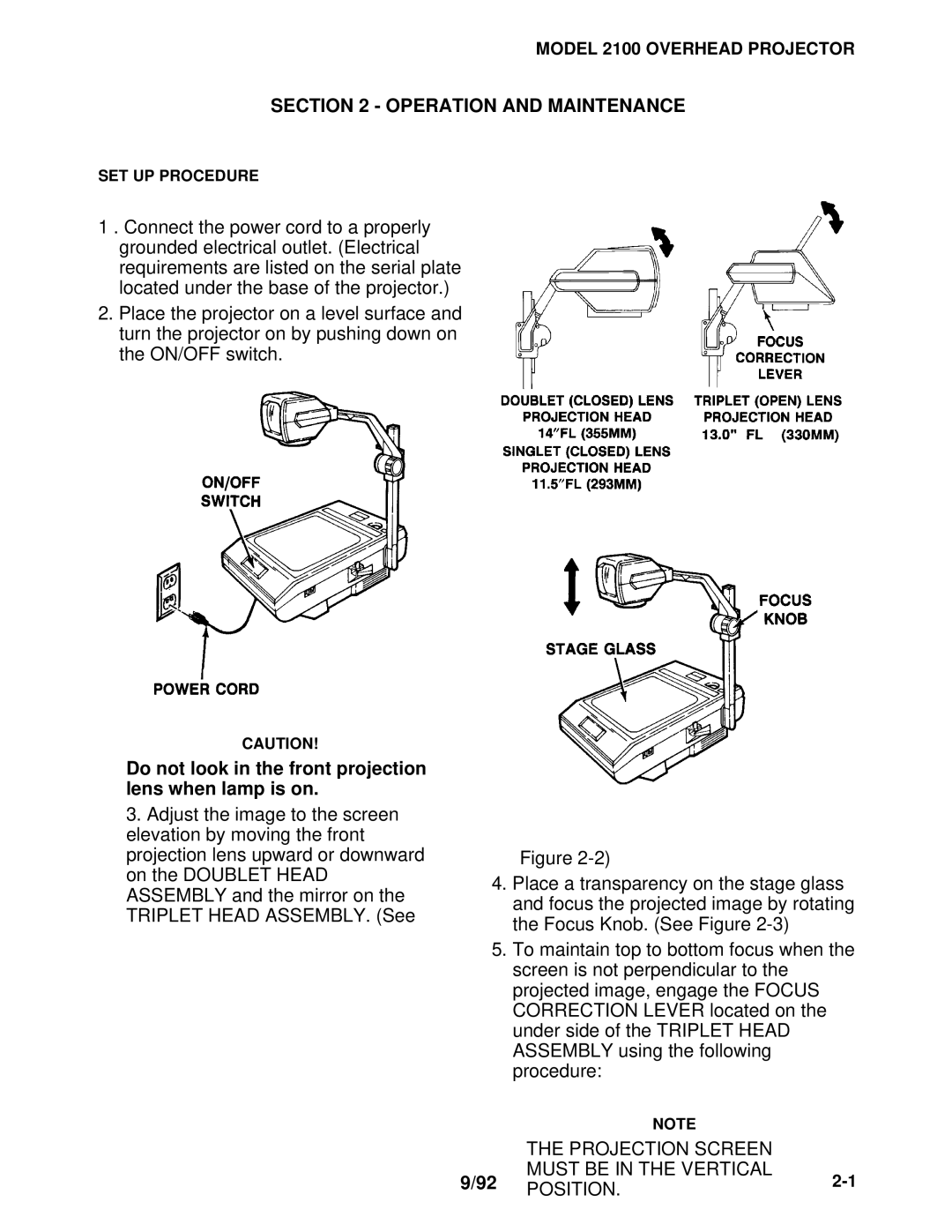 3M 2100 manual Operation and Maintenance, Do not look in the front projection lens when lamp is on 