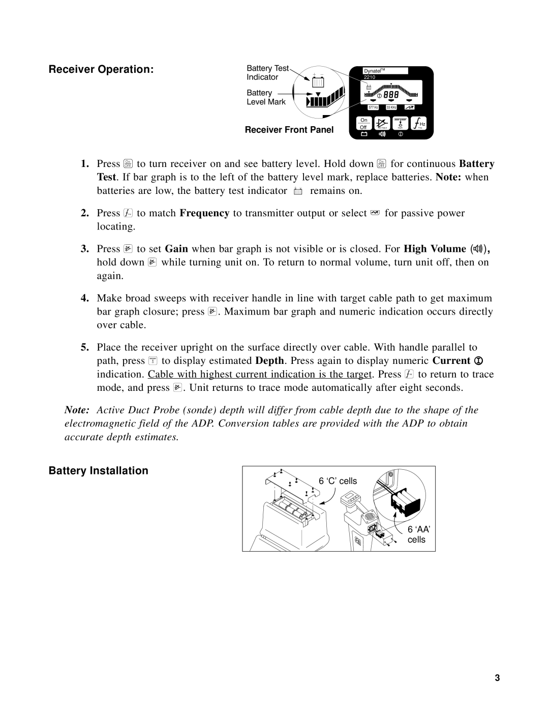 3M 2210 manual Receiver Operation, Battery Installation 