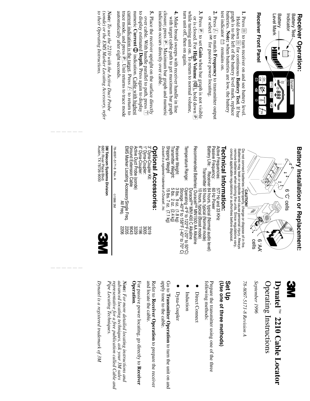 3M 2210 manual Receiver Operation, Battery Installation or Replacement, Technical Information, Optional Accessories 