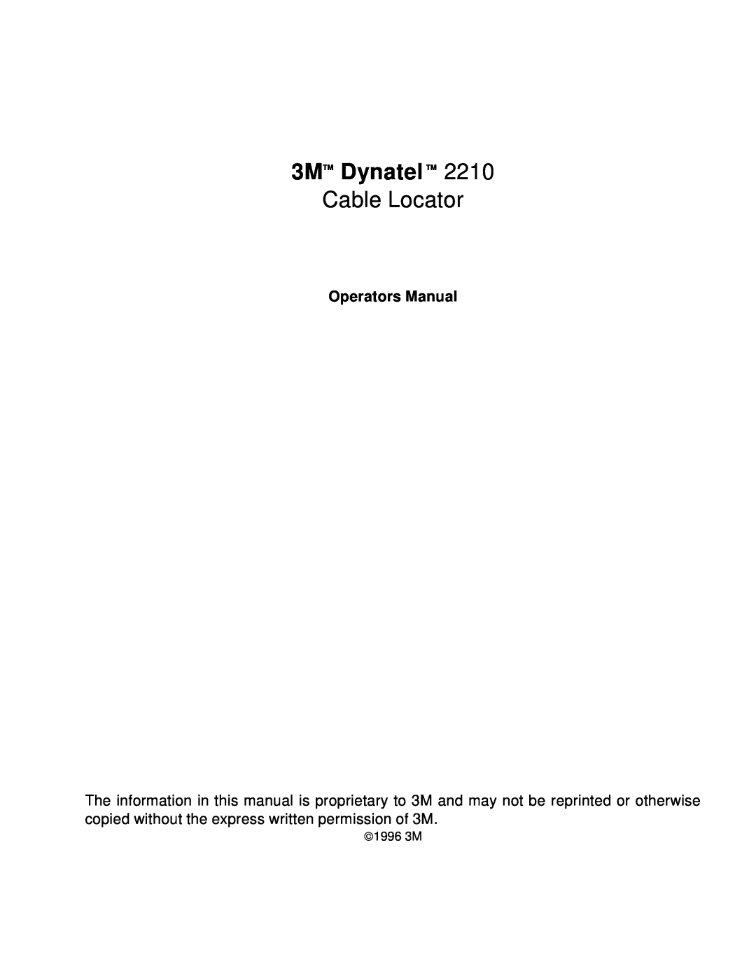 3M 2210 manual Operators Manual, 3MTM Dynatel TM, Cable Locator 