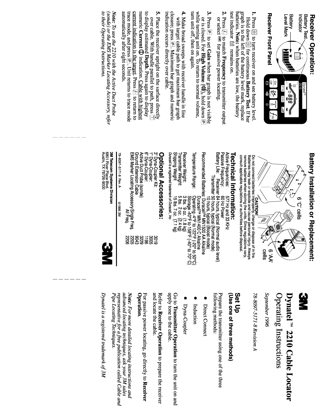 3M manual DynatelTM 2210 Cable Locator, Operators Manual, October 1996 78±8097±5171±8 Revision A 