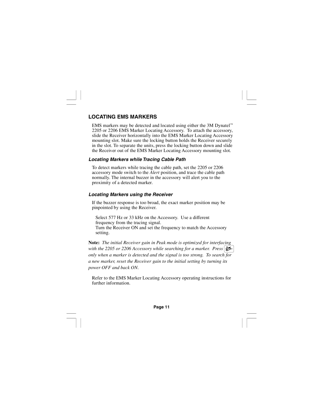 3M 2210E manual Locating EMS Markers, Locating Markers while Tracing Cable Path, Locating Markers using the Receiver 