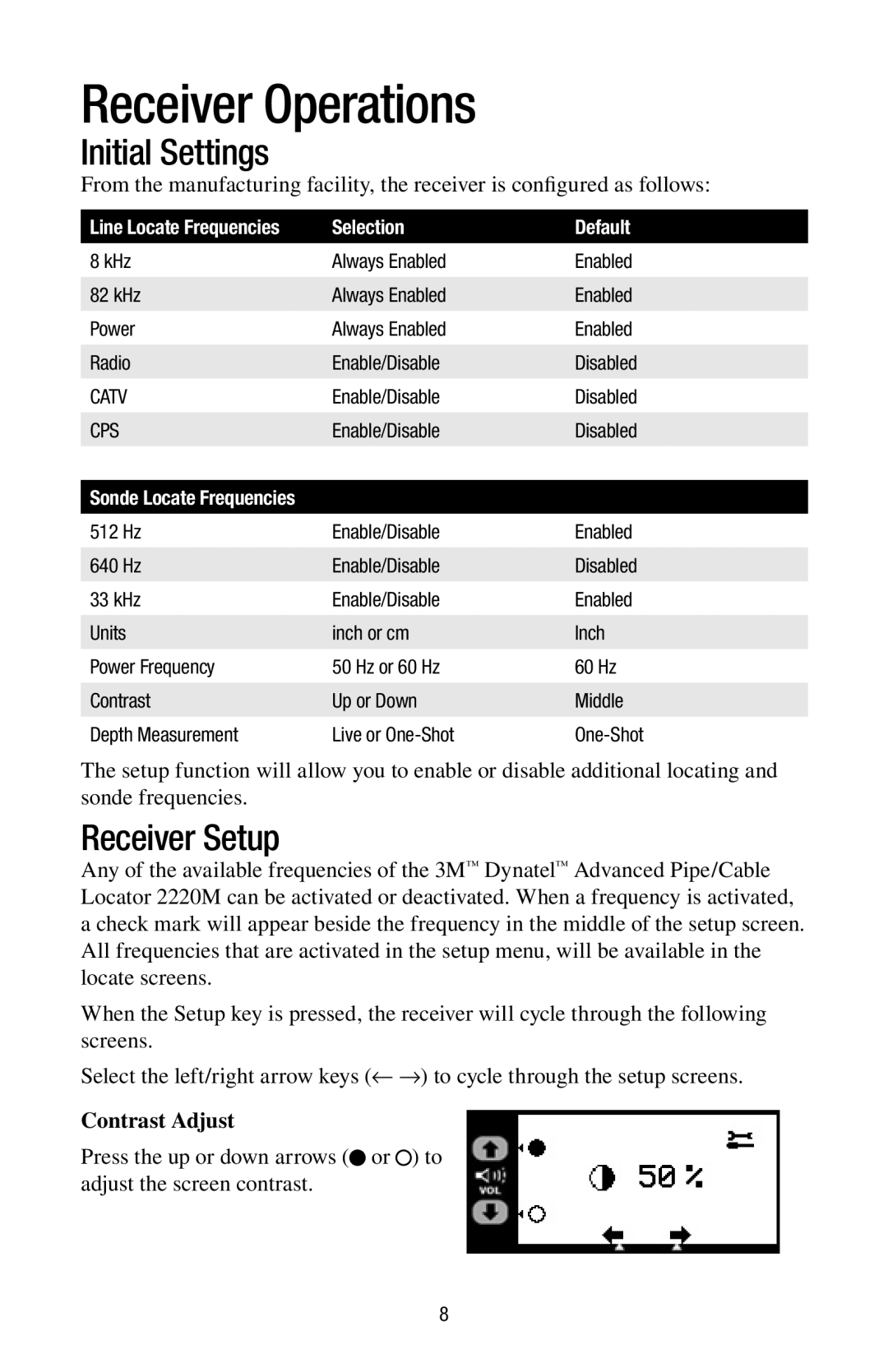 3M 2220M manual Receiver Operations, Initial Settings, Receiver Setup, Line Locate Frequencies Selection Default 