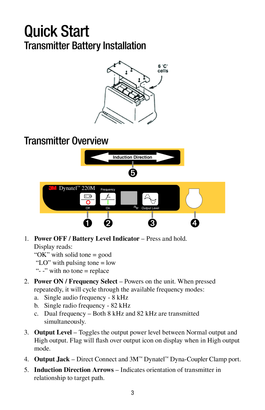 3M 2220M manual Quick Start, ➊ ➋ ➌ ➍, Transmitter Battery Installation Transmitter Overview 