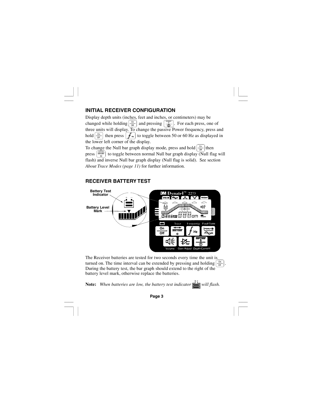 3M 2250E, 2273E manual Initial Receiver Configuration, Receiver Battery Test 