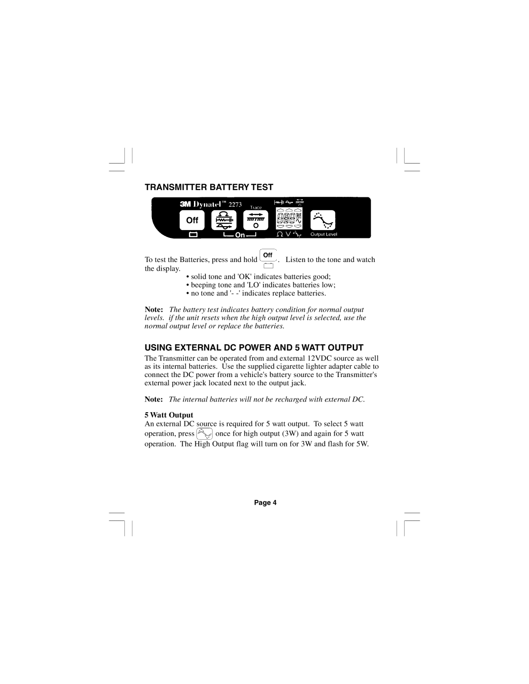 3M 2273E, 2250E manual Transmitter Battery Test, Using External DC Power and 5 Watt Output 