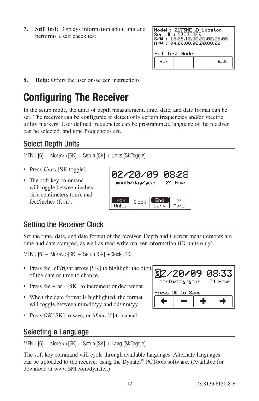 3M 2273ME-iD, 2250ME-iD Configuring The Receiver, Select Depth Units, Setting the Receiver Clock, Selecting a Language 