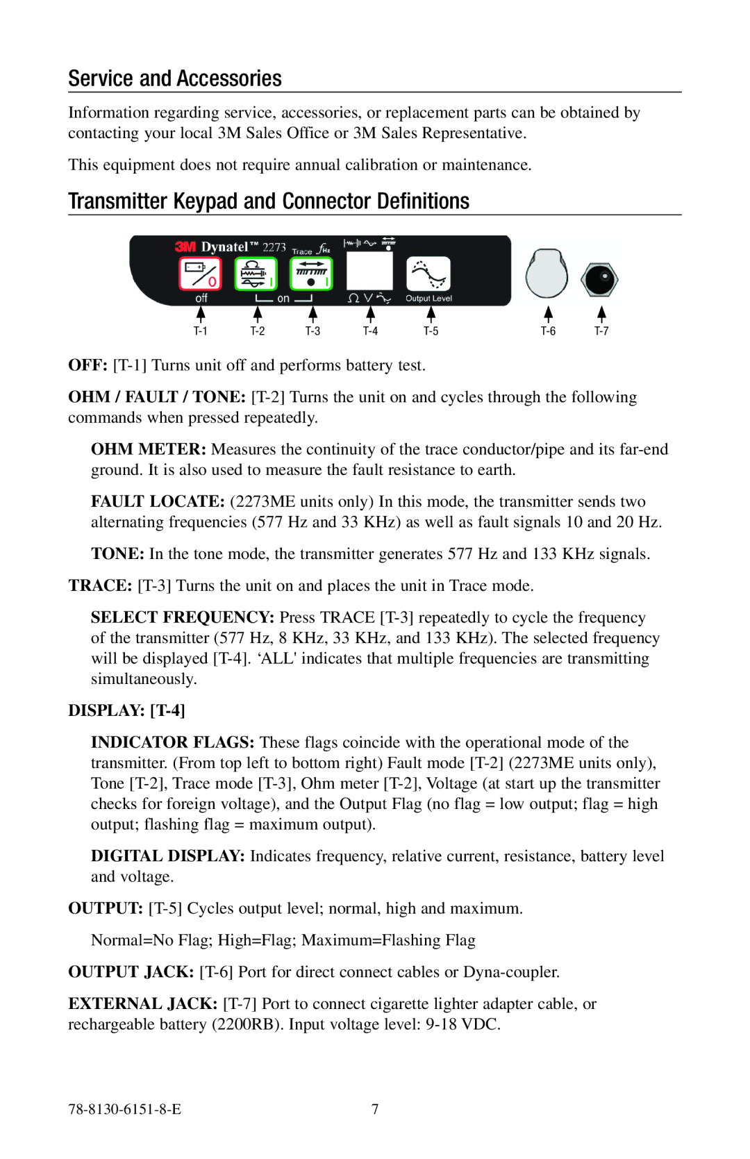 3M 2273ME-iD, 2250ME-iD manual Service and Accessories, Transmitter Keypad and Connector Definitions 