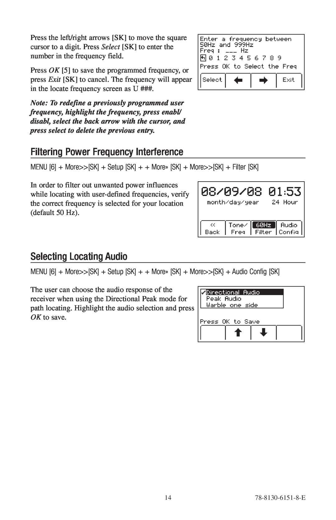 3M 2273ME-iD, 2250ME-iD manual Filtering Power Frequency Interference, Selecting Locating Audio, 78-8130-6151-8-E 