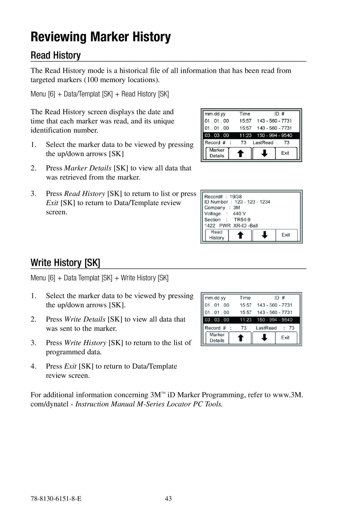 3M 2273ME-iD, 2250ME-iD manual Reviewing Marker History, Read History, Write History SK 