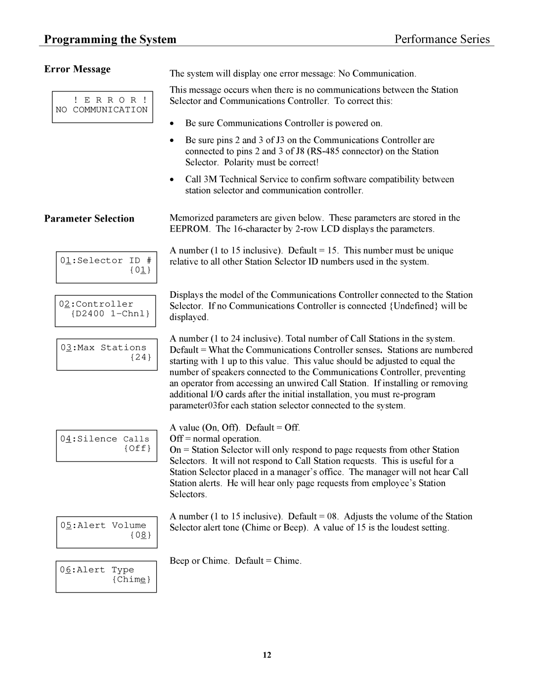 3M 2475, 2470 installation instructions Error Message, Parameter Selection 