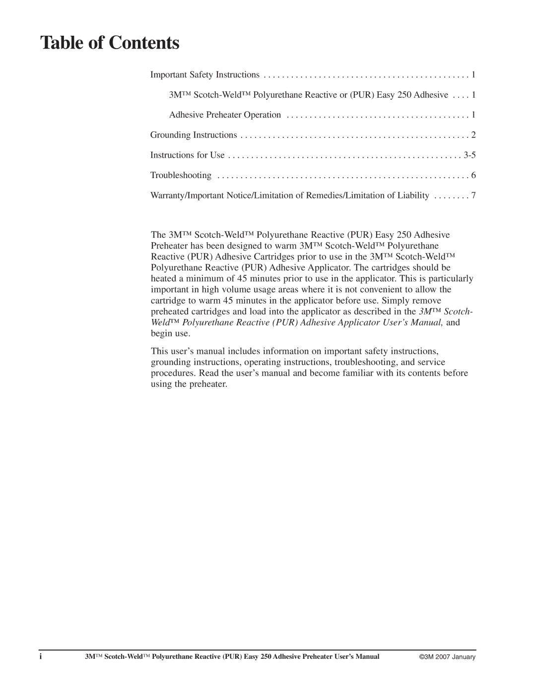 3M 250 user manual Table of Contents 