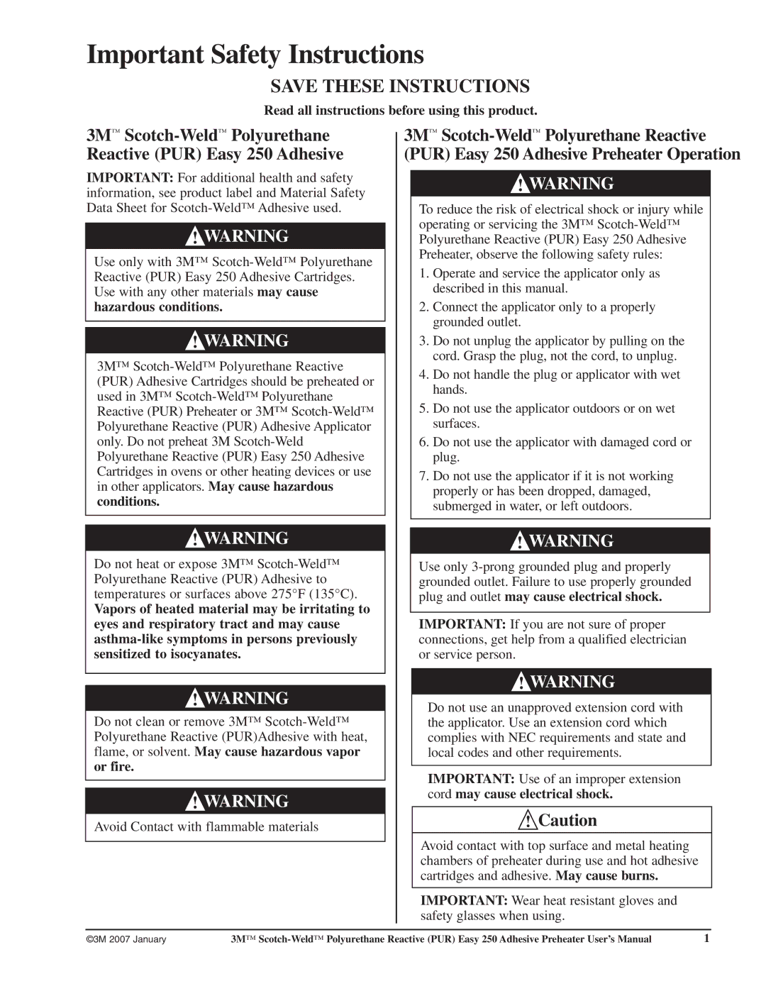 3M user manual Important Safety Instructions, 3M Scotch-WeldPolyurethane Reactive PUR Easy 250 Adhesive 