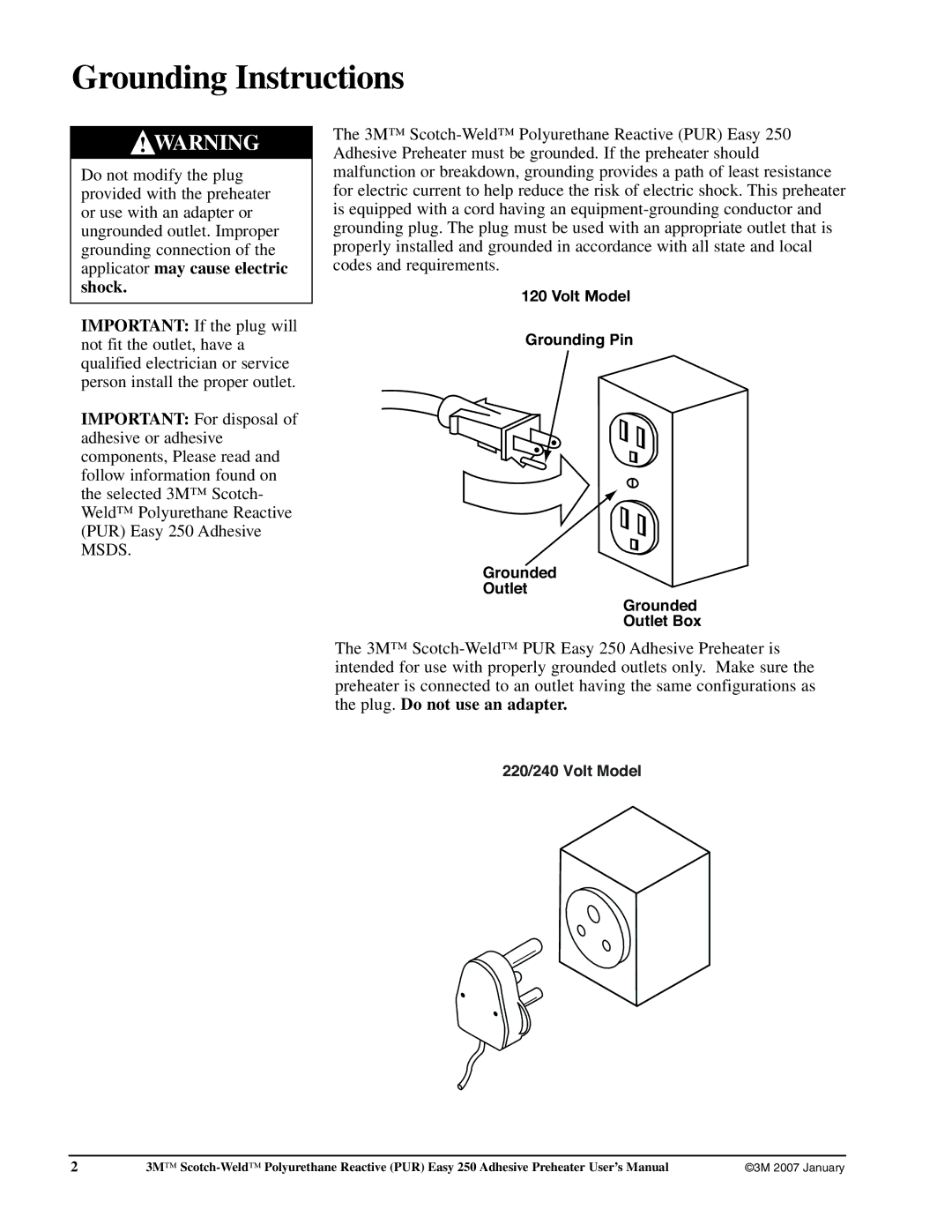 3M 250 user manual Grounding Instructions, 220/240 Volt Model 