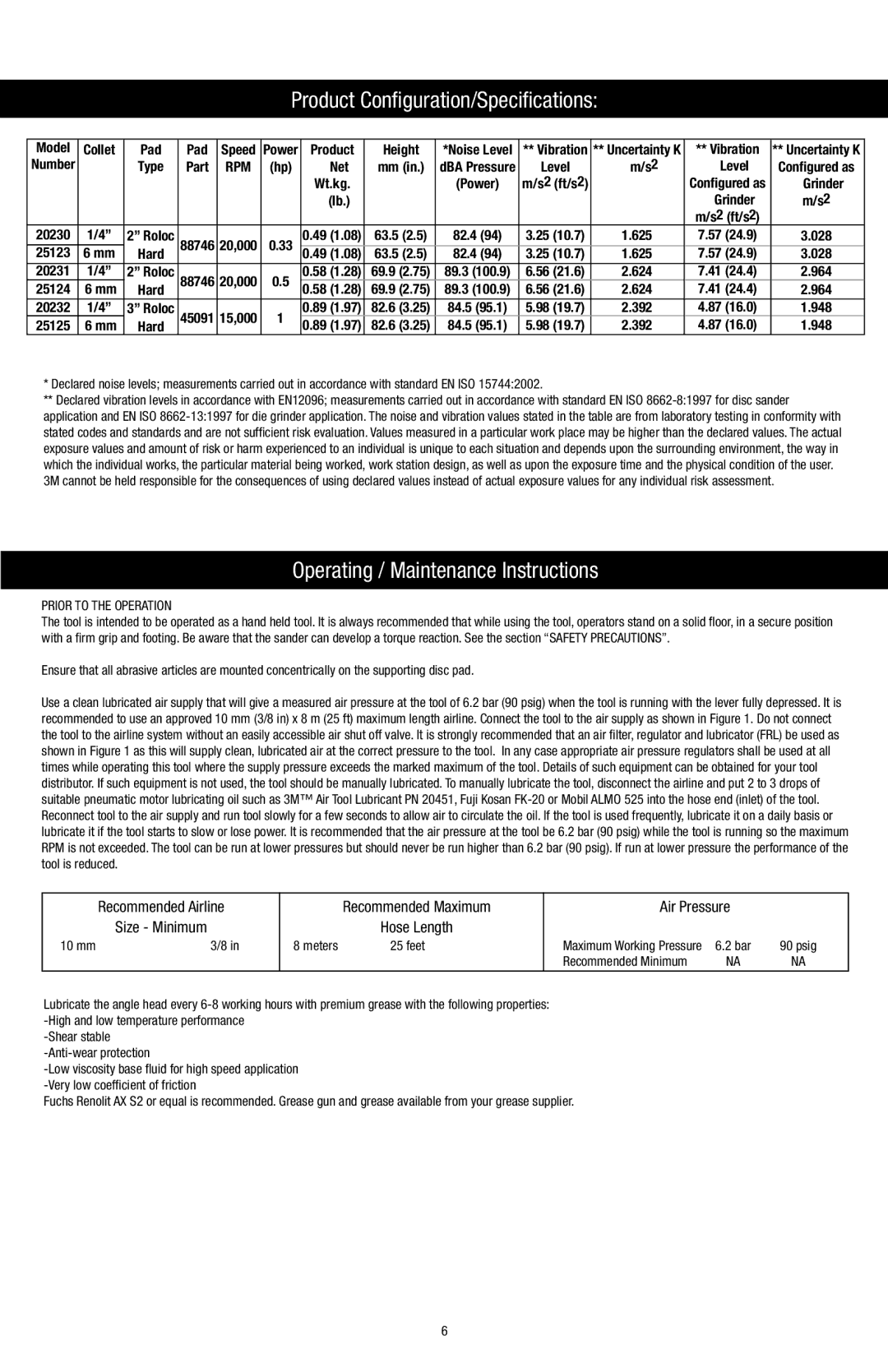 3M 25123, 20230 warranty Product Configuration/Specifications, Operating / Maintenance Instructions 