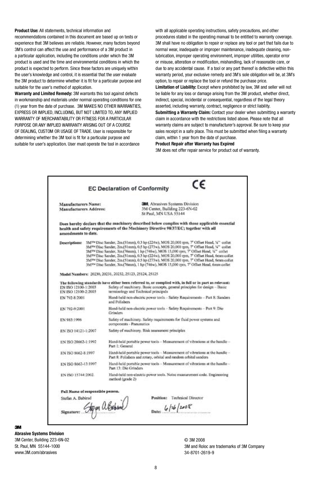 3M 25123, 20230 warranty Product Repair after Warranty has Expired, Abrasive Systems Division 