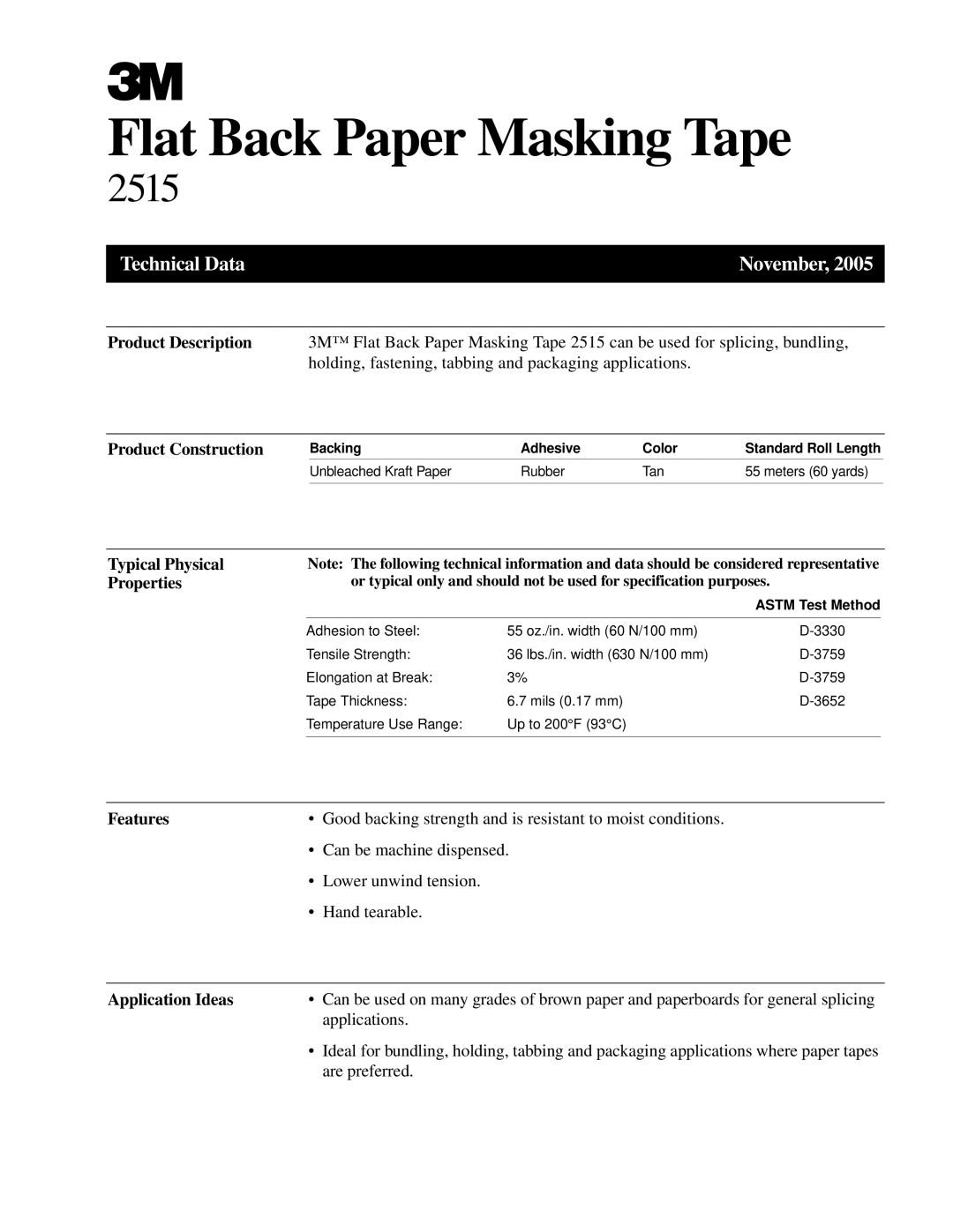 3M 2515 manual Product Description, Product Construction, Typical Physical Properties, Features, Application Ideas 