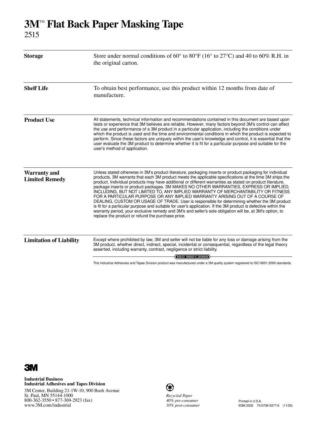 3M 2515 manual Storage, Shelf Life, Product Use, Limitation of Liability 