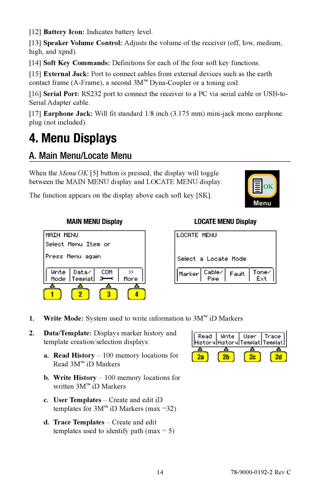 3M 2573, 2550 manual Menu Displays, Main Menu/Locate Menu, Main Menu Display 