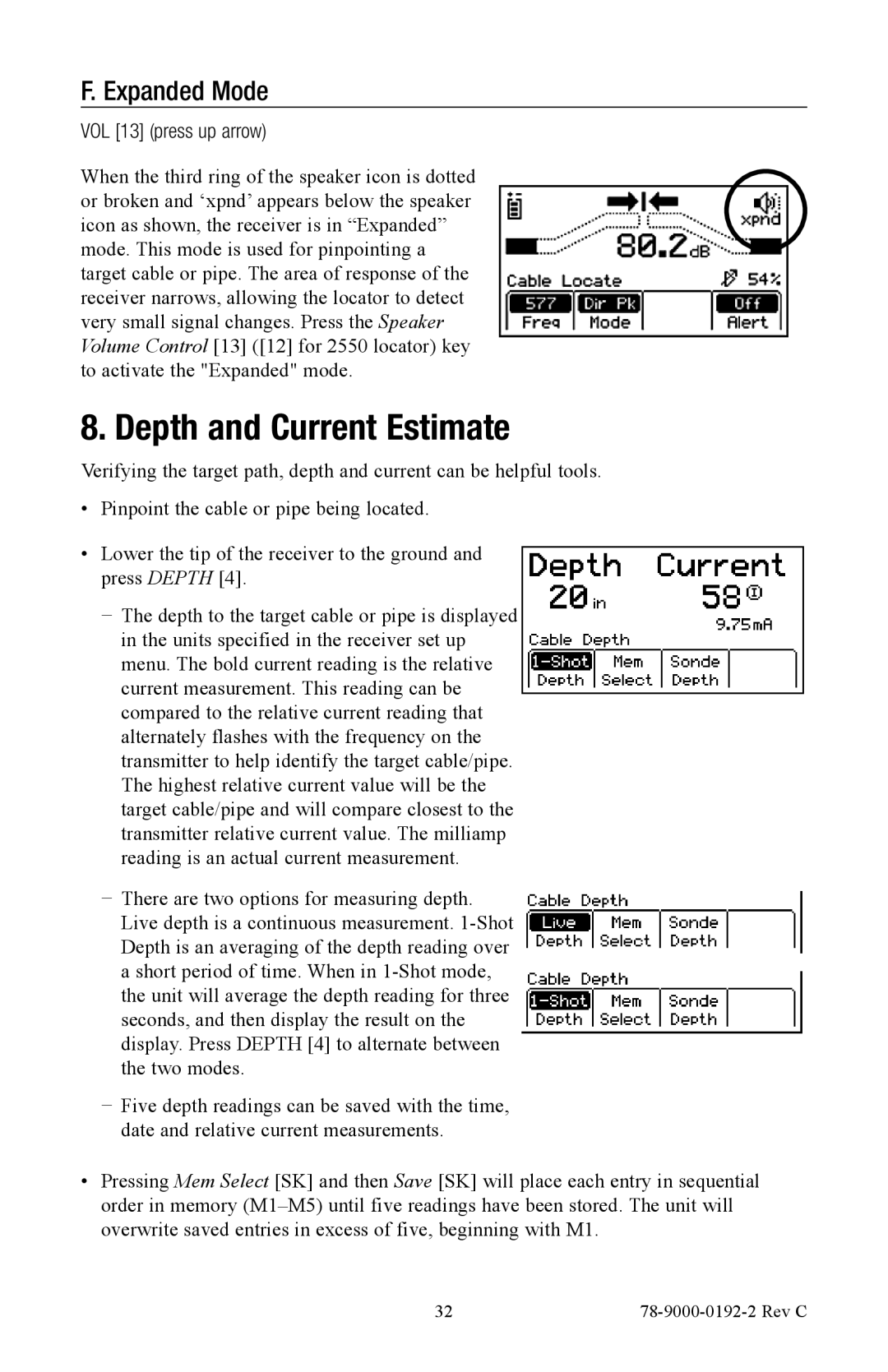 3M 2573, 2550 manual Depth and Current Estimate, Expanded Mode, VOL 13 press up arrow 