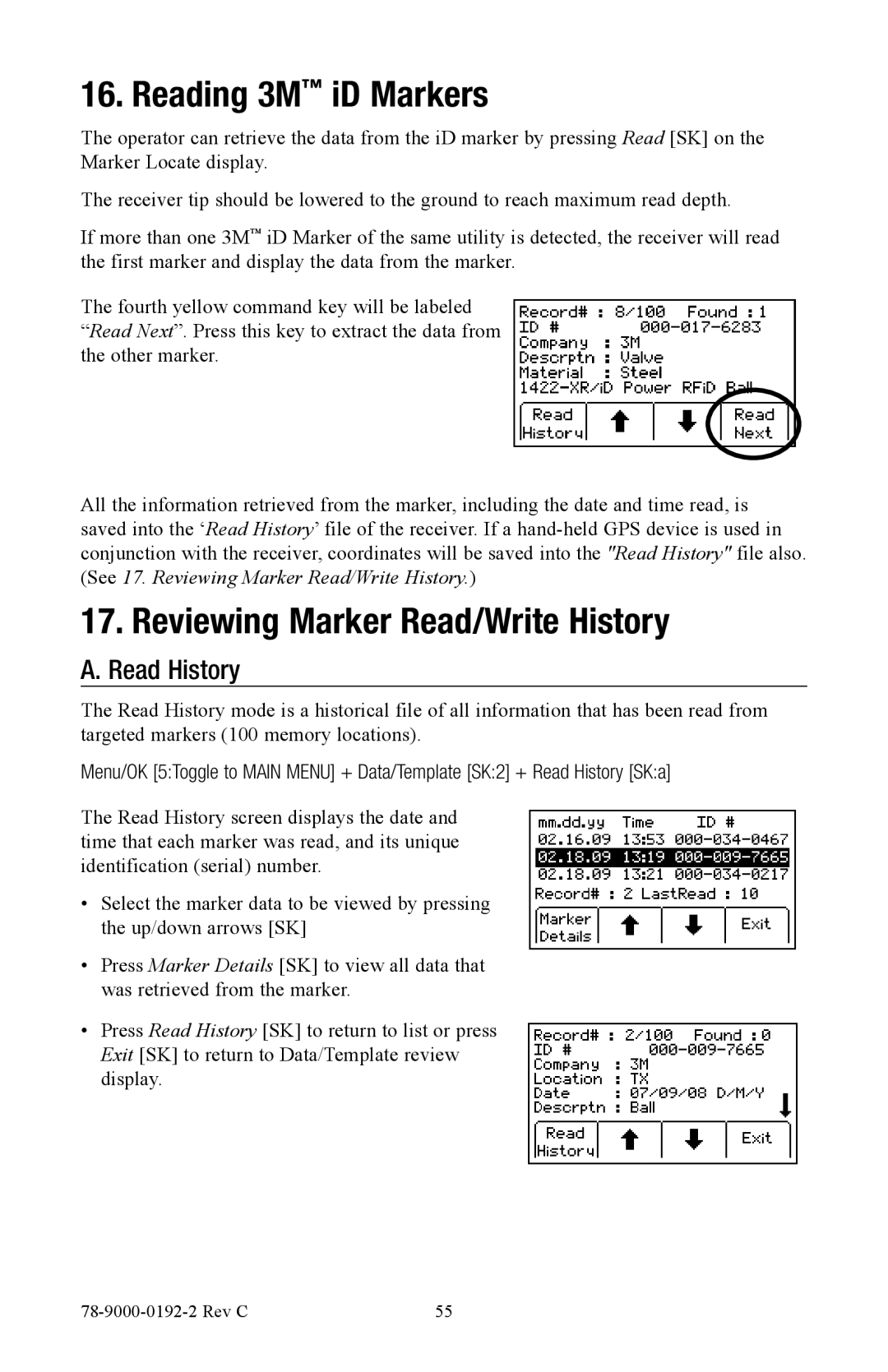 3M 2550, 2573 manual Reading 3M iD Markers, Reviewing Marker Read/Write History, Read History 