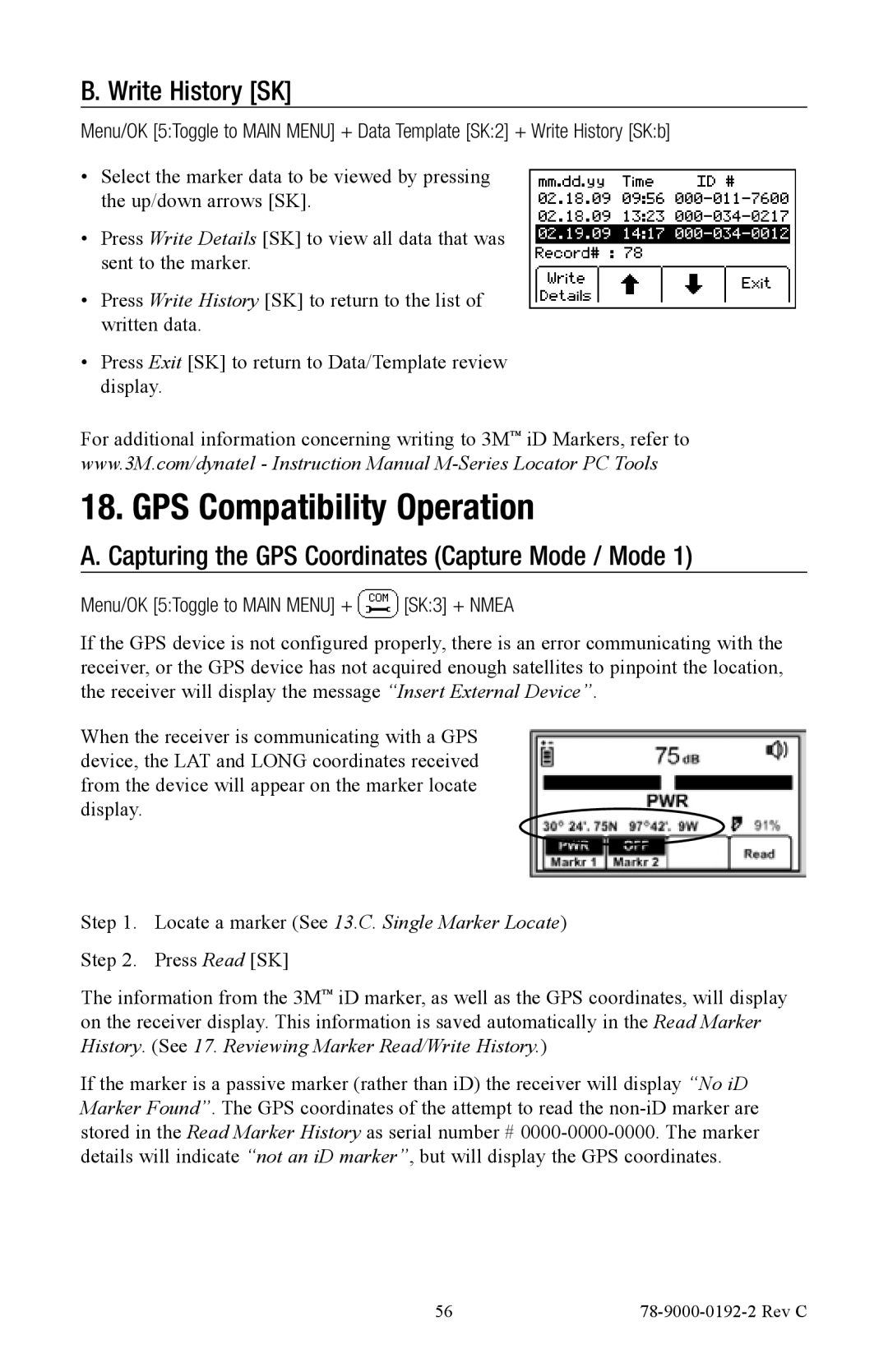 3M 2573, 2550 manual GPS Compatibility Operation, Write History SK, Capturing the GPS Coordinates Capture Mode / Mode 