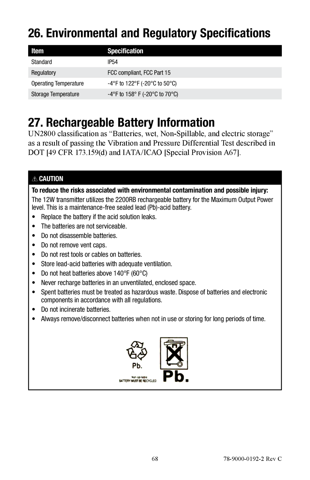 3M 2573, 2550 manual Environmental and Regulatory Specifications, Rechargeable Battery Information 