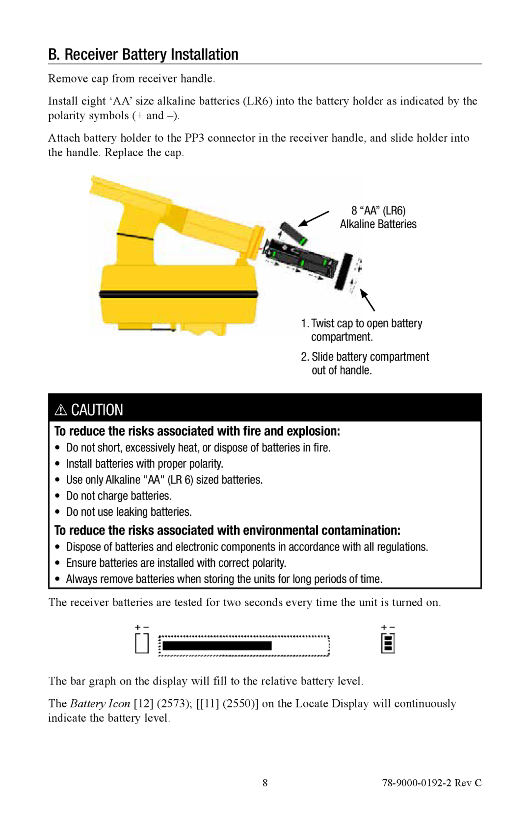 3M 2573, 2550 manual Receiver Battery Installation 