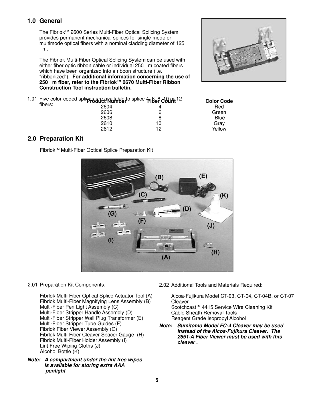 3M 2600 manual General, Preparation Kit, Color Code, Product Number Fiber Count 