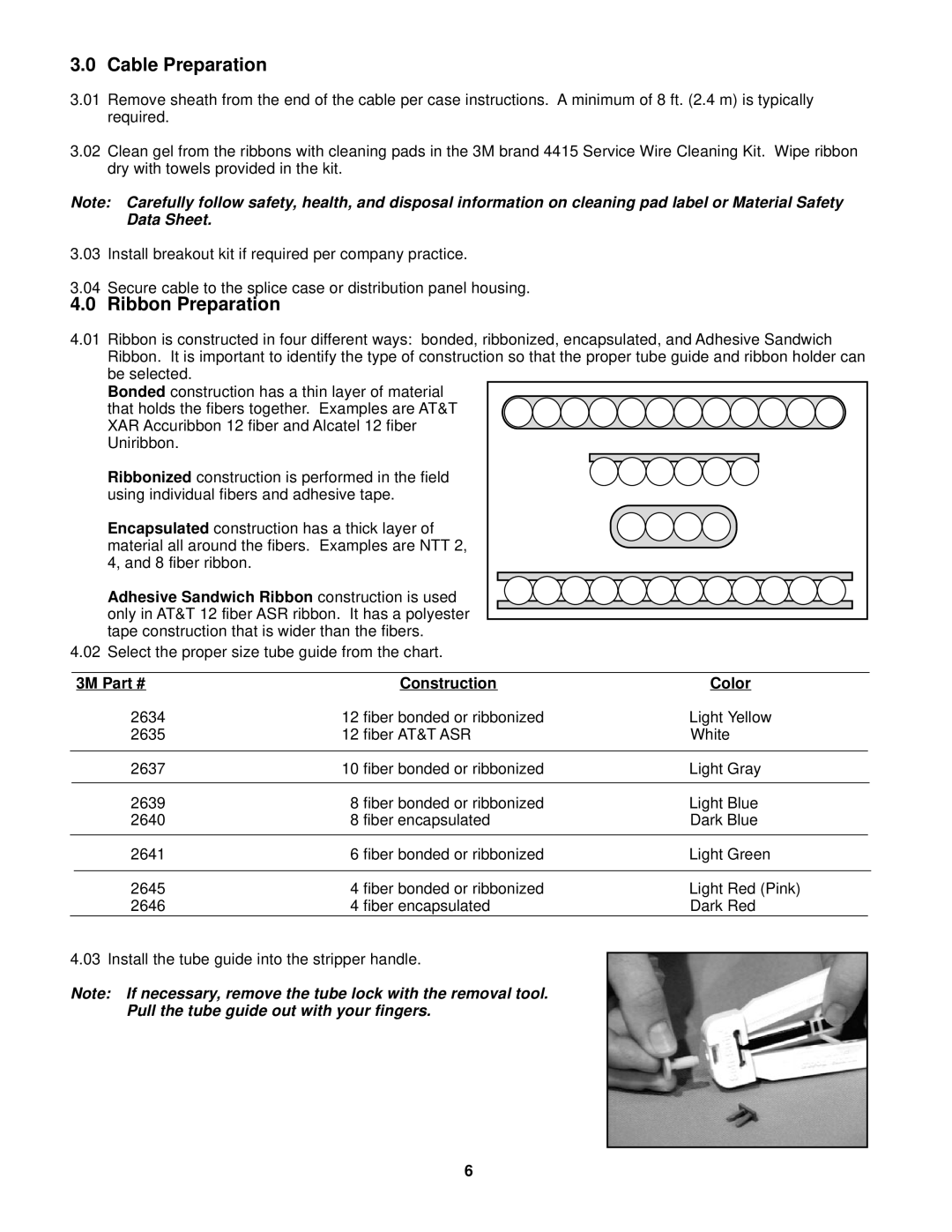 3M 2600 manual Cable Preparation, Ribbon Preparation, Construction Color 