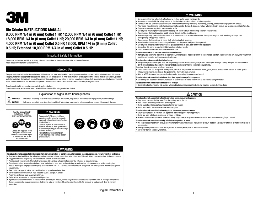 3M 25128 warranty Die Grinder Instructions Manual, Important Safety Information, Intended Use, Original Instructions 