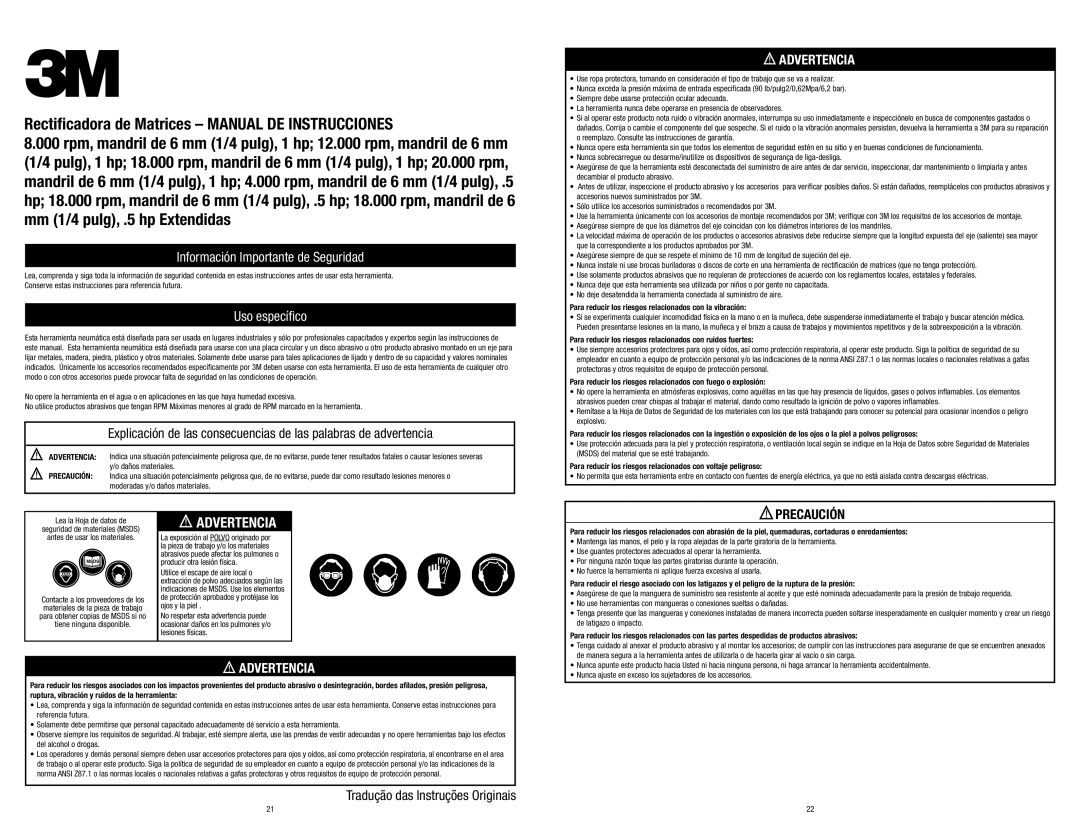 3M 28332, 28345 Rectificadora de Matrices Manual DE Instrucciones, Información Importante de Seguridad, Uso específico 